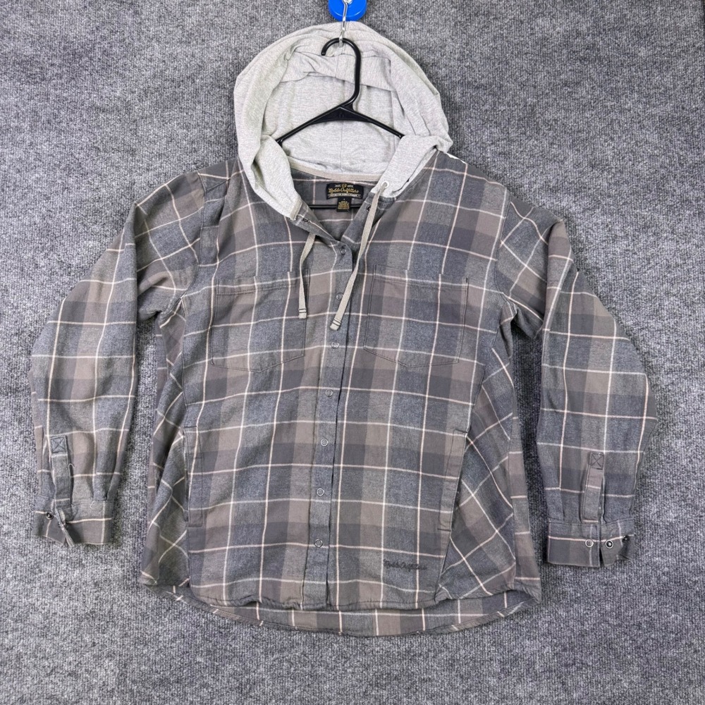 Noble Outfitters Womens Grey Plaid Hooded Flannel Shirt Jacket Button Up Large